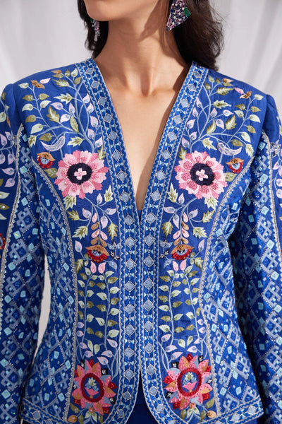 Royal Blue Embroidered Silk Jacket & Pleated Pant Set