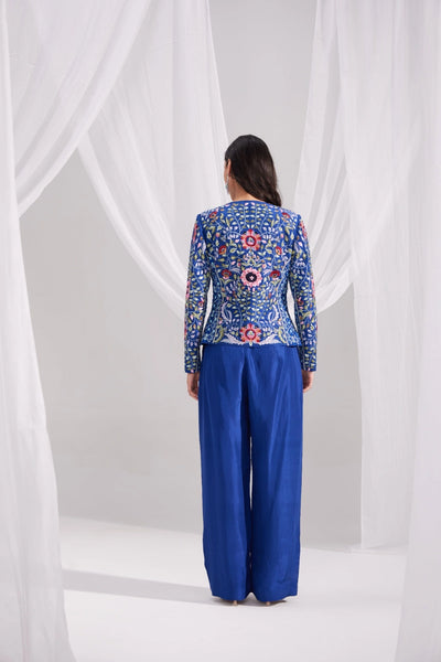 Royal Blue Embroidered Silk Jacket & Pleated Pant Set