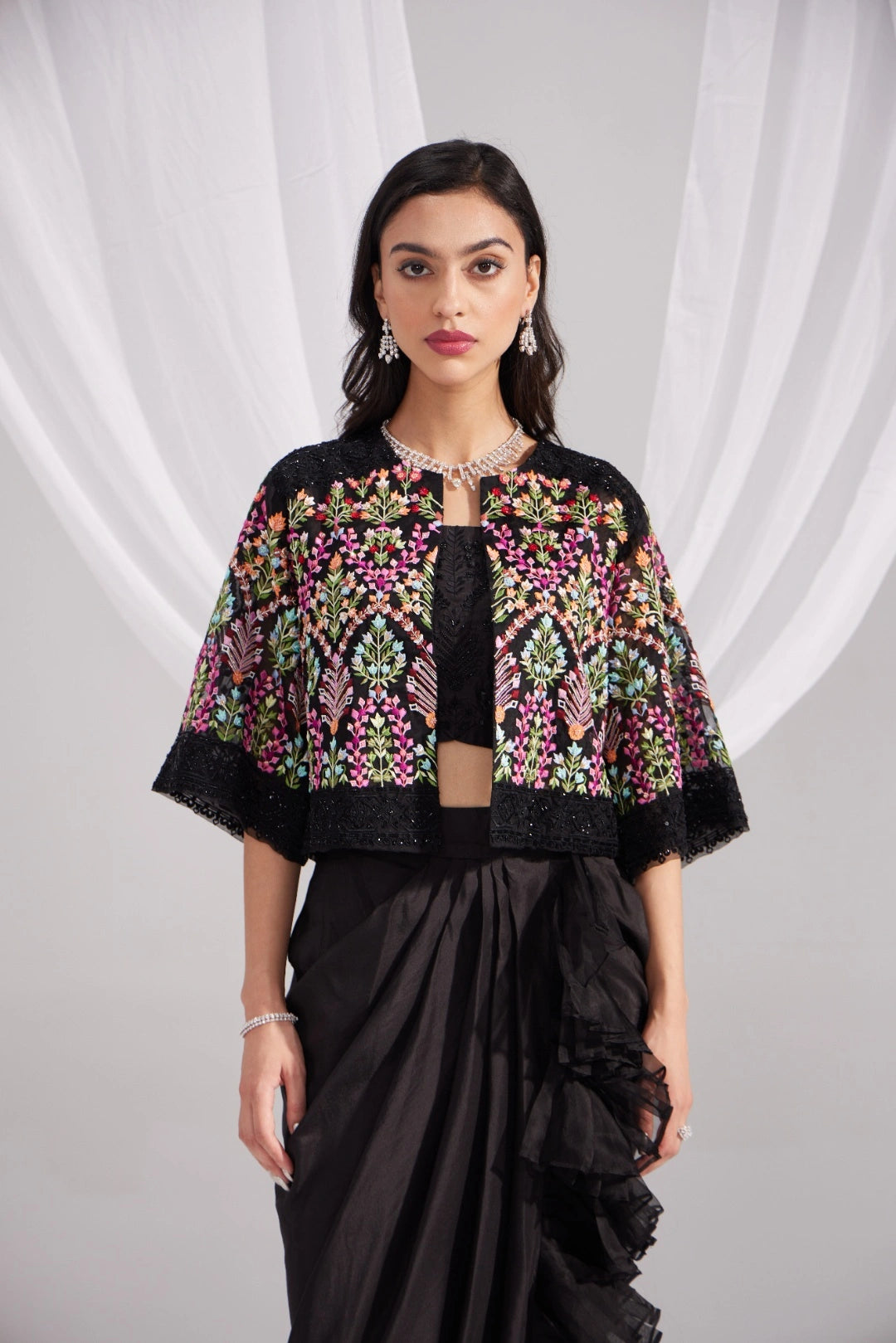 Black Organza Mughal Embroidered Jacket, Black Silk Bustier & Ruffle Draped Skirt Set