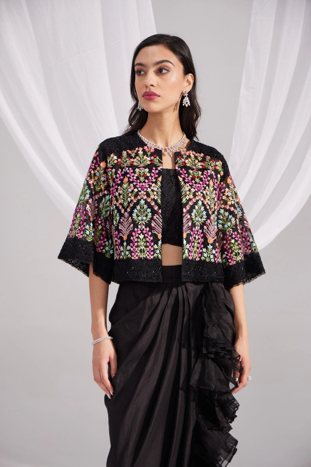 Black Organza Mughal Embroidered Jacket, Black Silk Bustier & Ruffle Draped Skirt Set