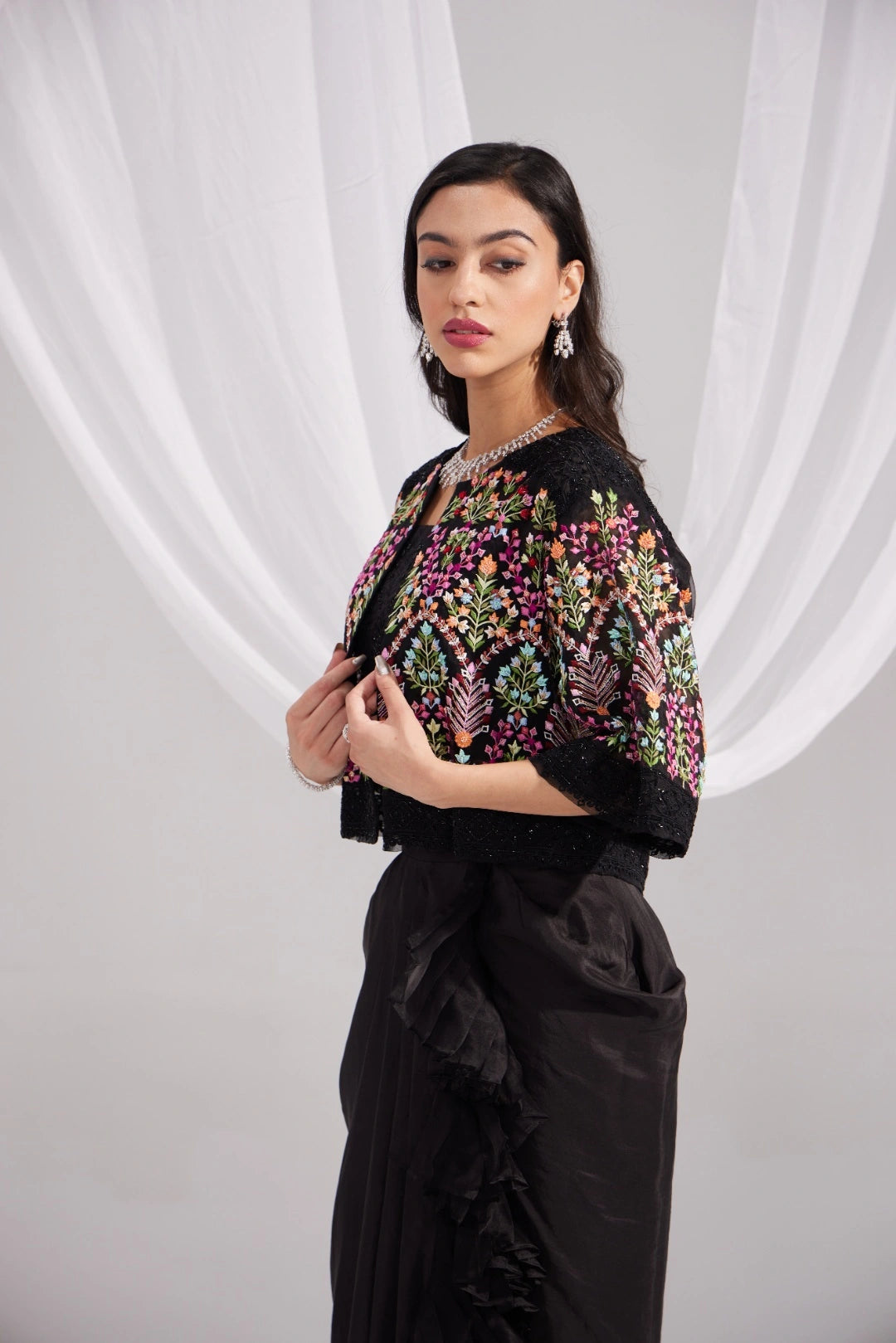 Black Organza Mughal Embroidered Jacket, Black Silk Bustier & Ruffle Draped Skirt Set