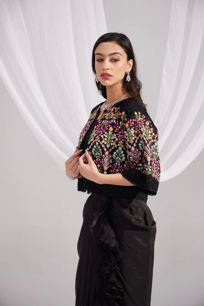 Black Organza Mughal Embroidered Jacket, Black Silk Bustier & Ruffle Draped Skirt Set