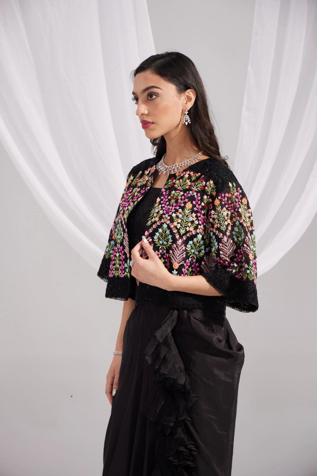 Black Organza Mughal Embroidered Jacket, Black Silk Bustier & Ruffle Draped Skirt Set