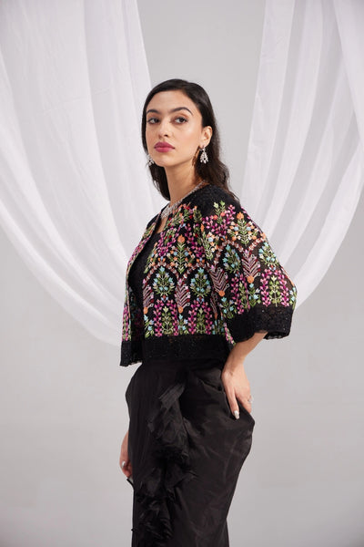 Black Organza Mughal Embroidered Jacket, Black Silk Bustier & Ruffle Draped Skirt Set