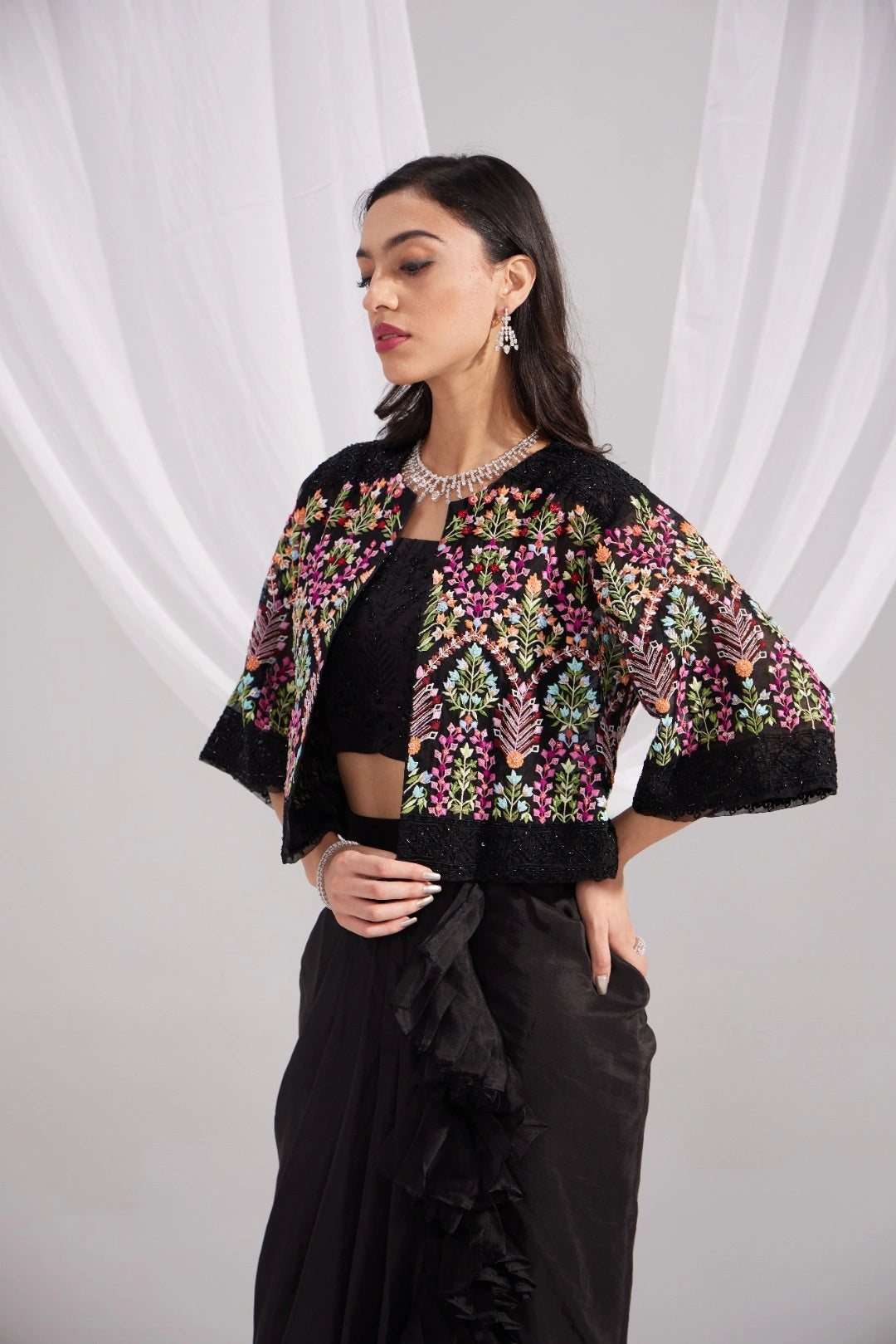 Black Organza Mughal Embroidered Jacket, Black Silk Bustier & Ruffle Draped Skirt Set