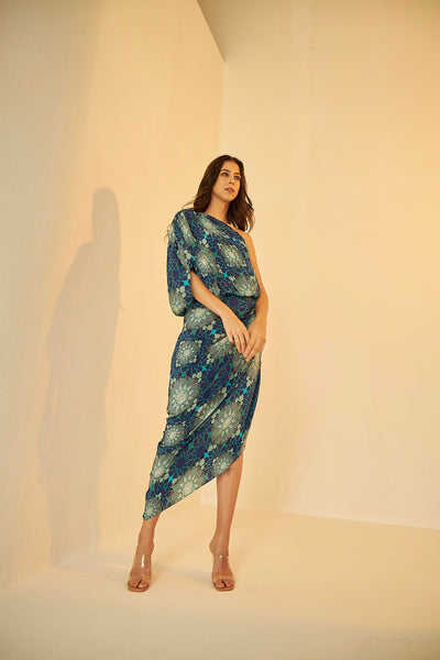 Blue- Tashkent Print Drape Dress