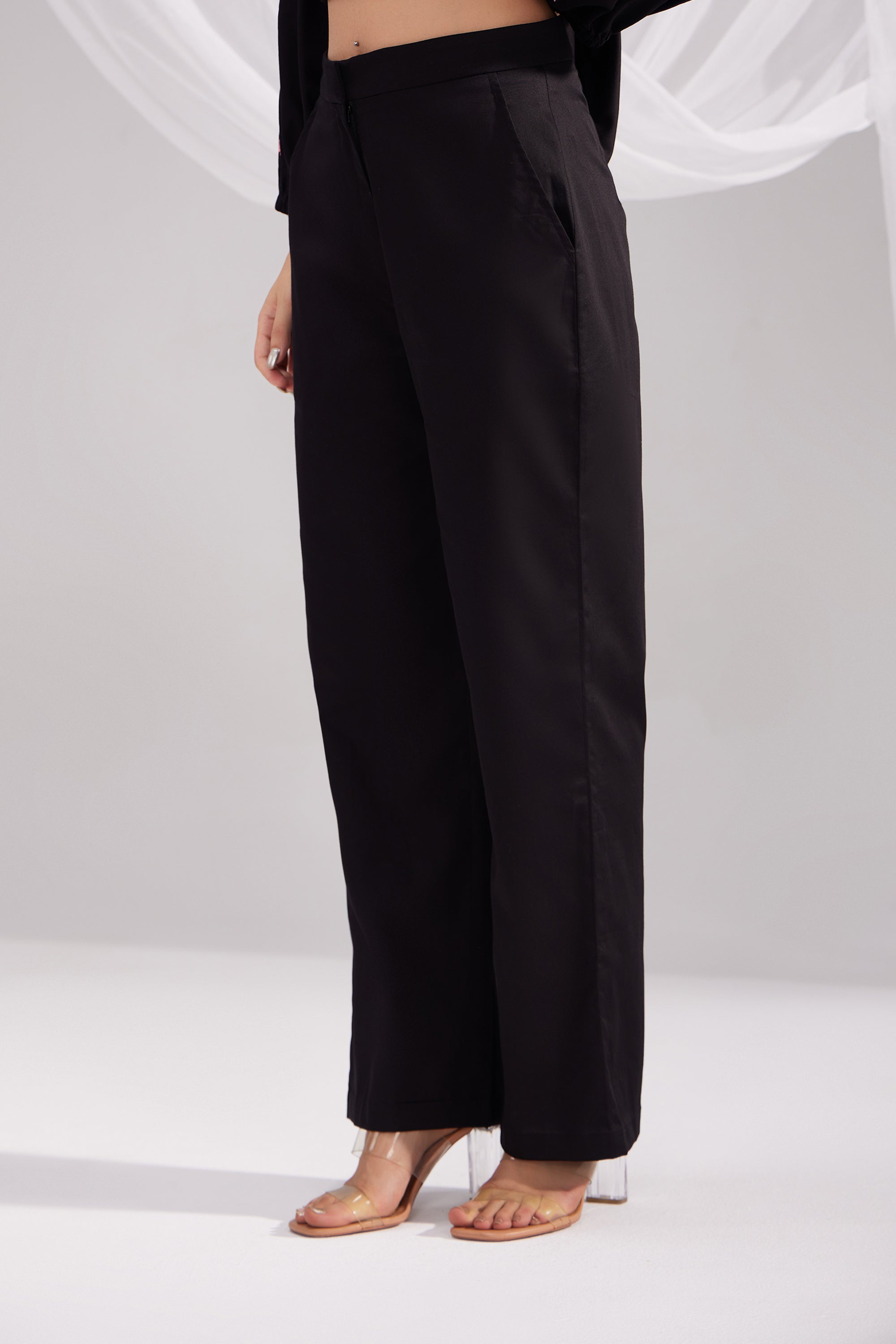 Black Cotton Satin Straight Pants