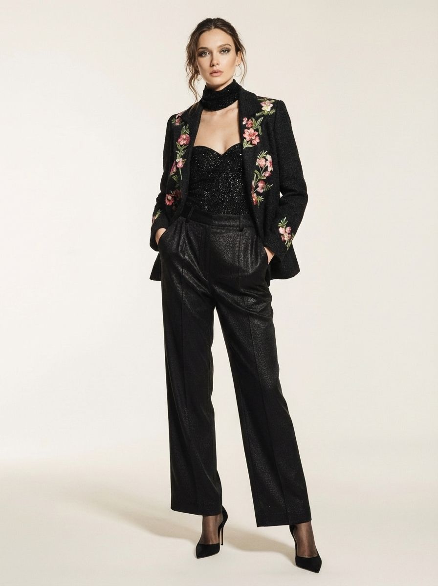 BLACK TWEED FLORAL JACKET