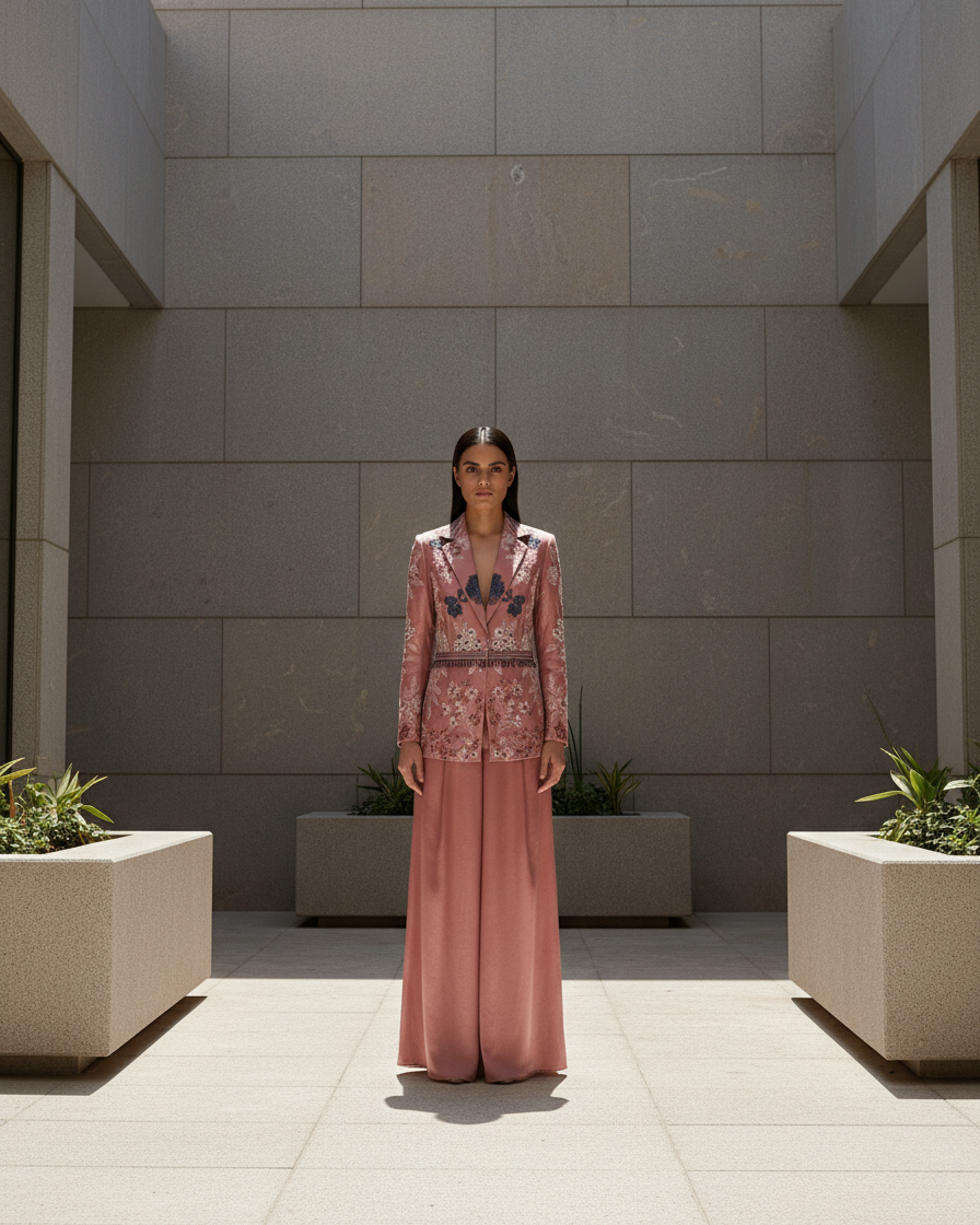 Dusky rose embroidered jacket set