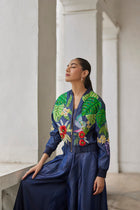 Denim Buda Embroidered Jacket And Palazzo Pants And Bustier Set