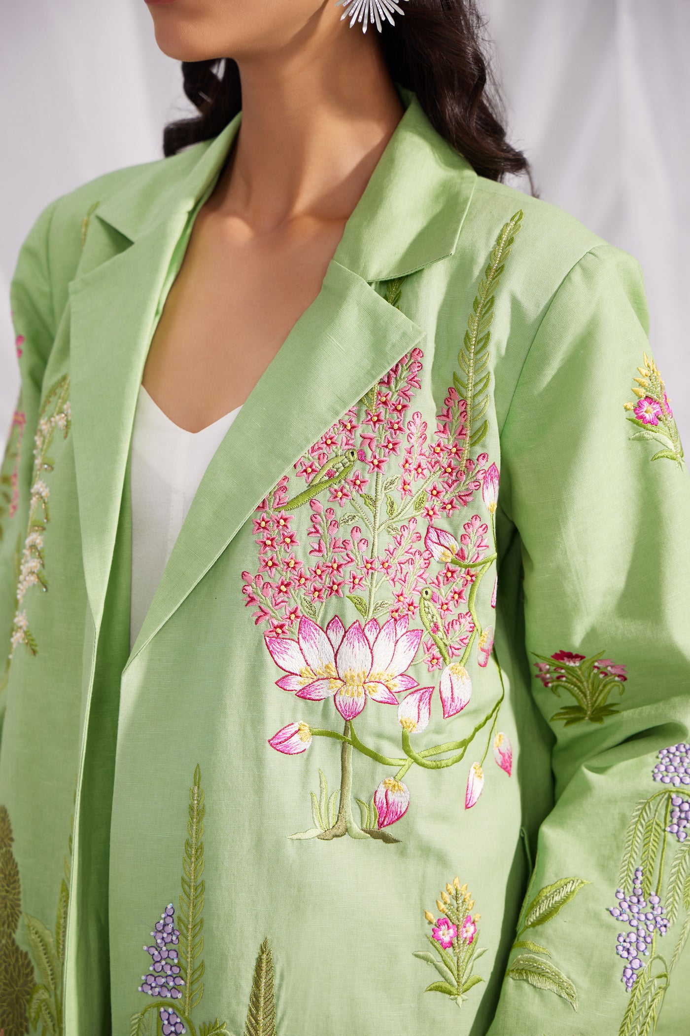 Green Linen Enchanted Garden Long Jacket