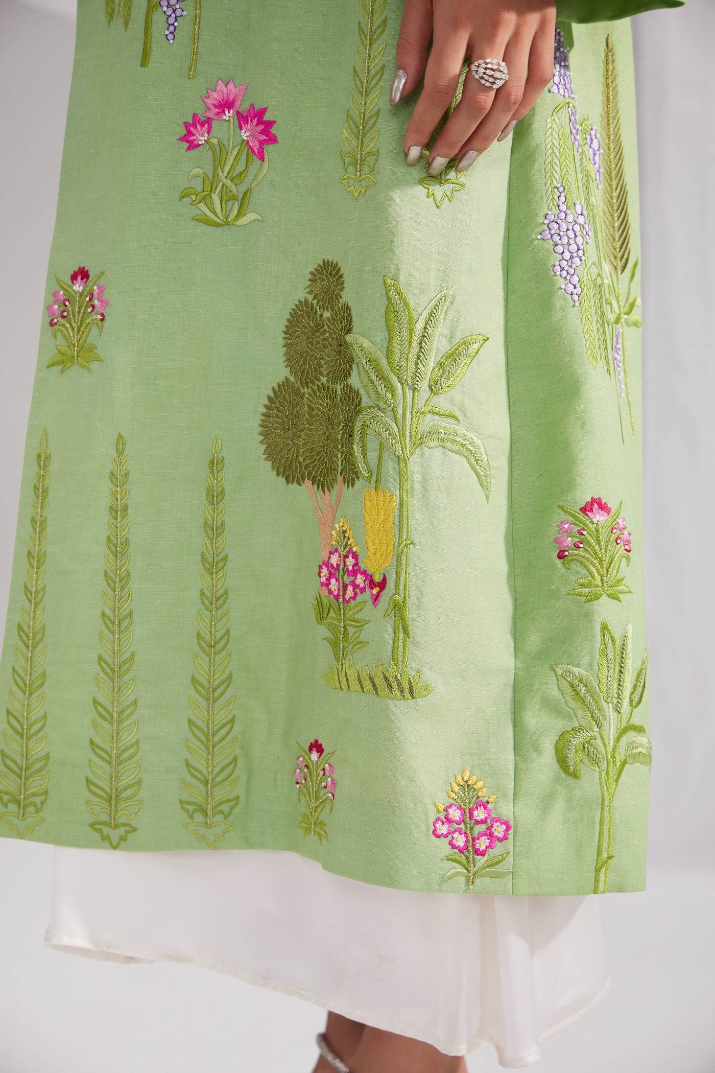 Green Linen Enchanted Garden Long Jacket