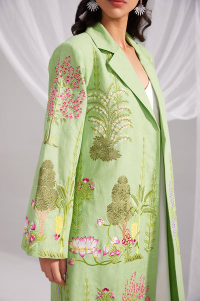 Green Linen Enchanted Garden Long Jacket