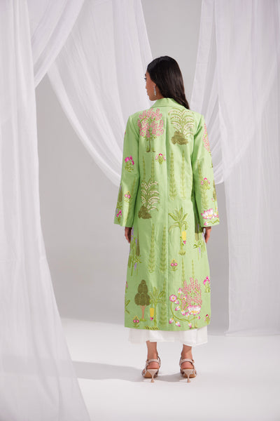 Green Linen Enchanted Garden Long Jacket