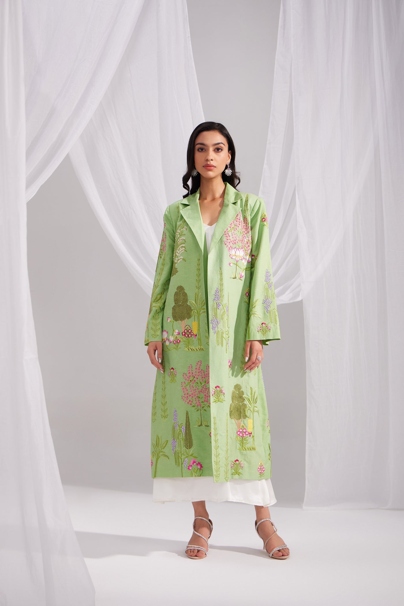 Green Linen Enchanted Garden Long Jacket