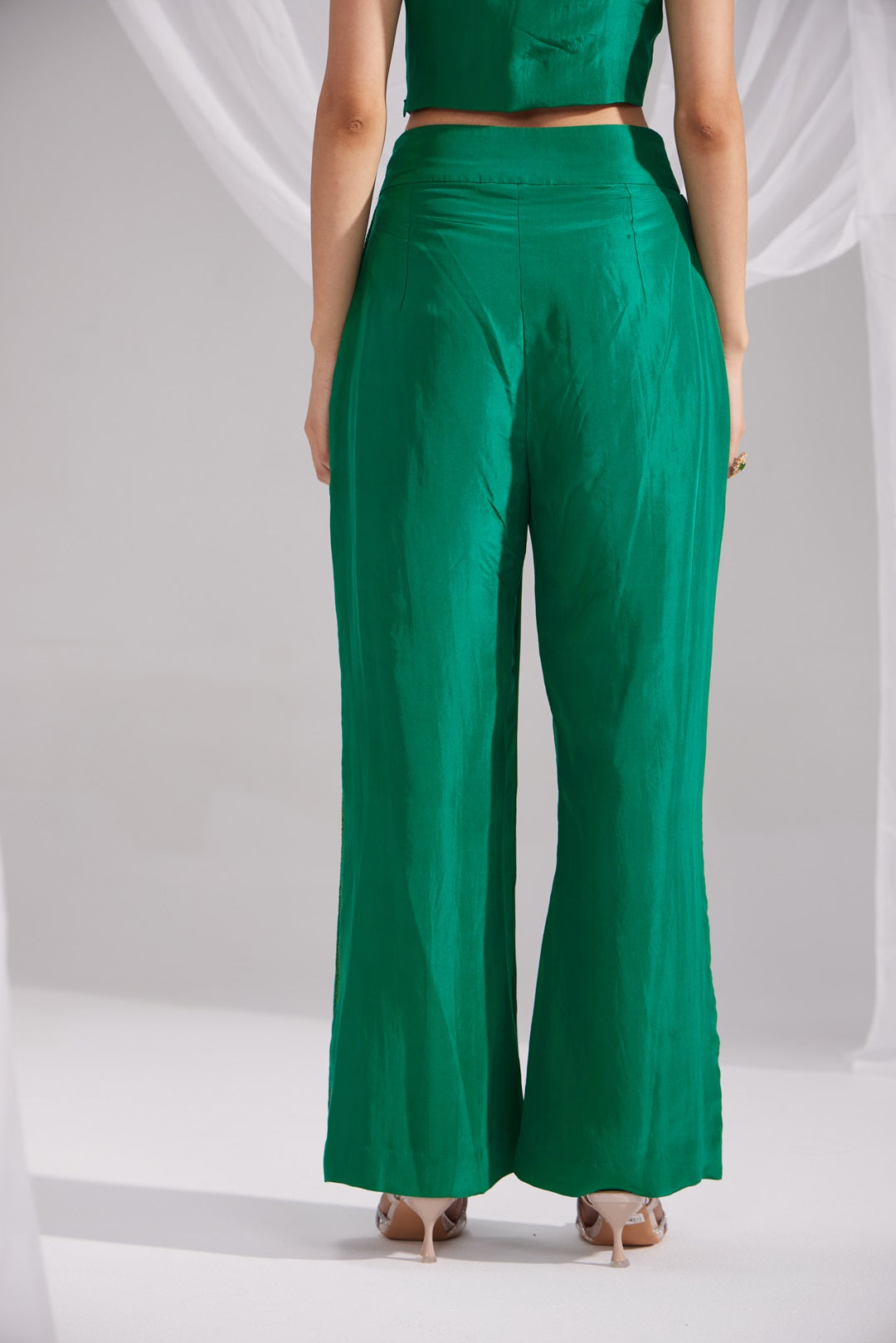 Hand Embroidered Emerald Green Flared Silk Pant