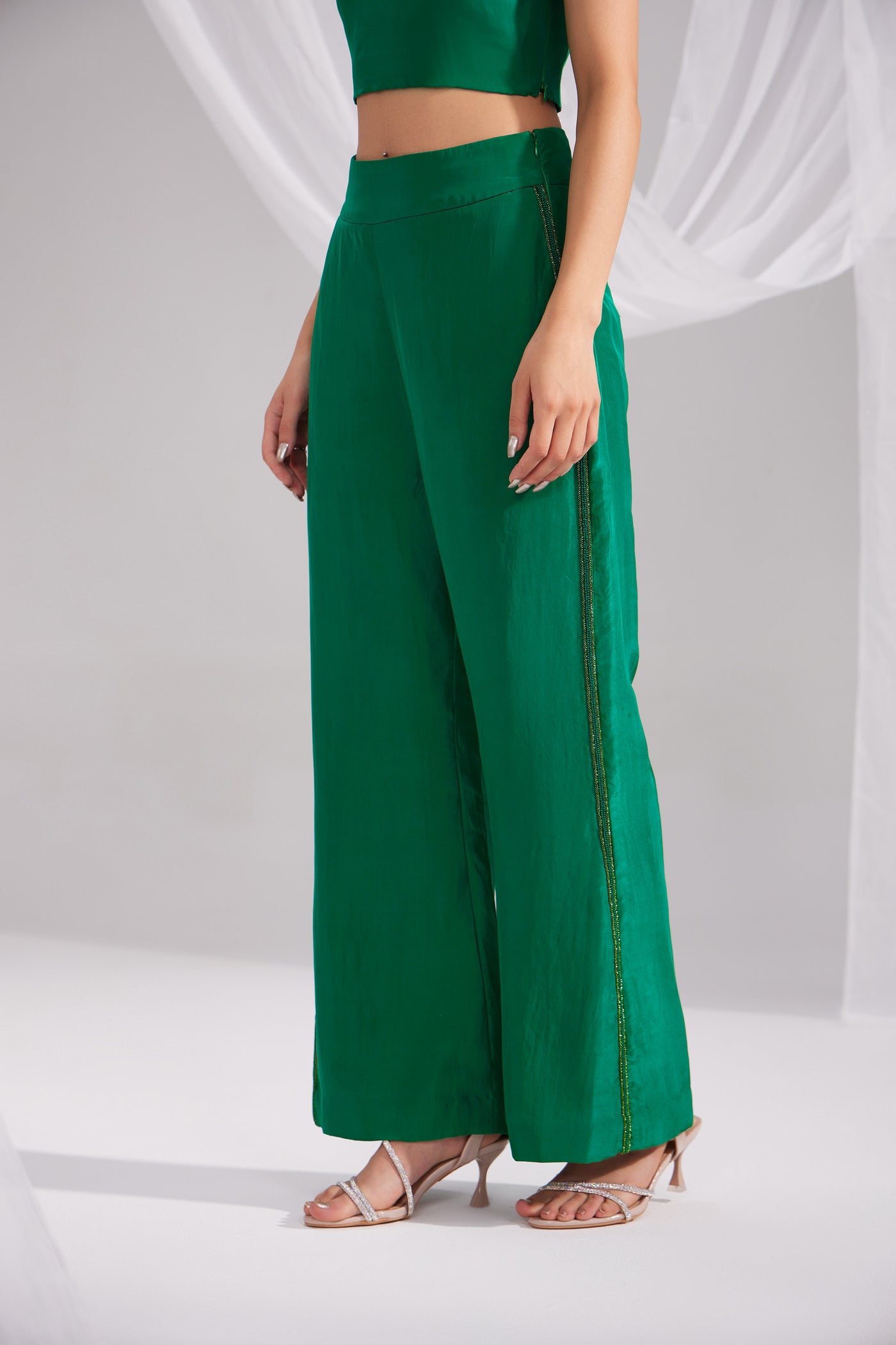 Hand Embroidered Emerald Green Flared Silk Pant