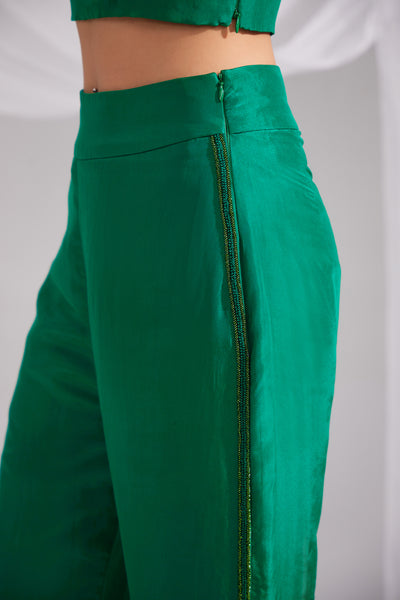 Hand Embroidered Emerald Green Flared Silk Pant