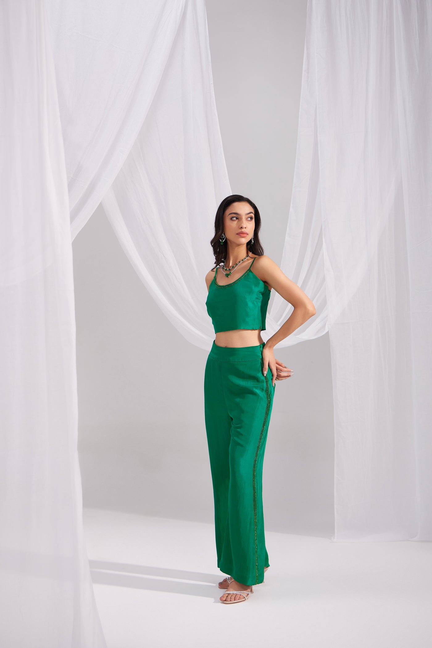 Hand Embroidered Emerald Green Silk Bustier