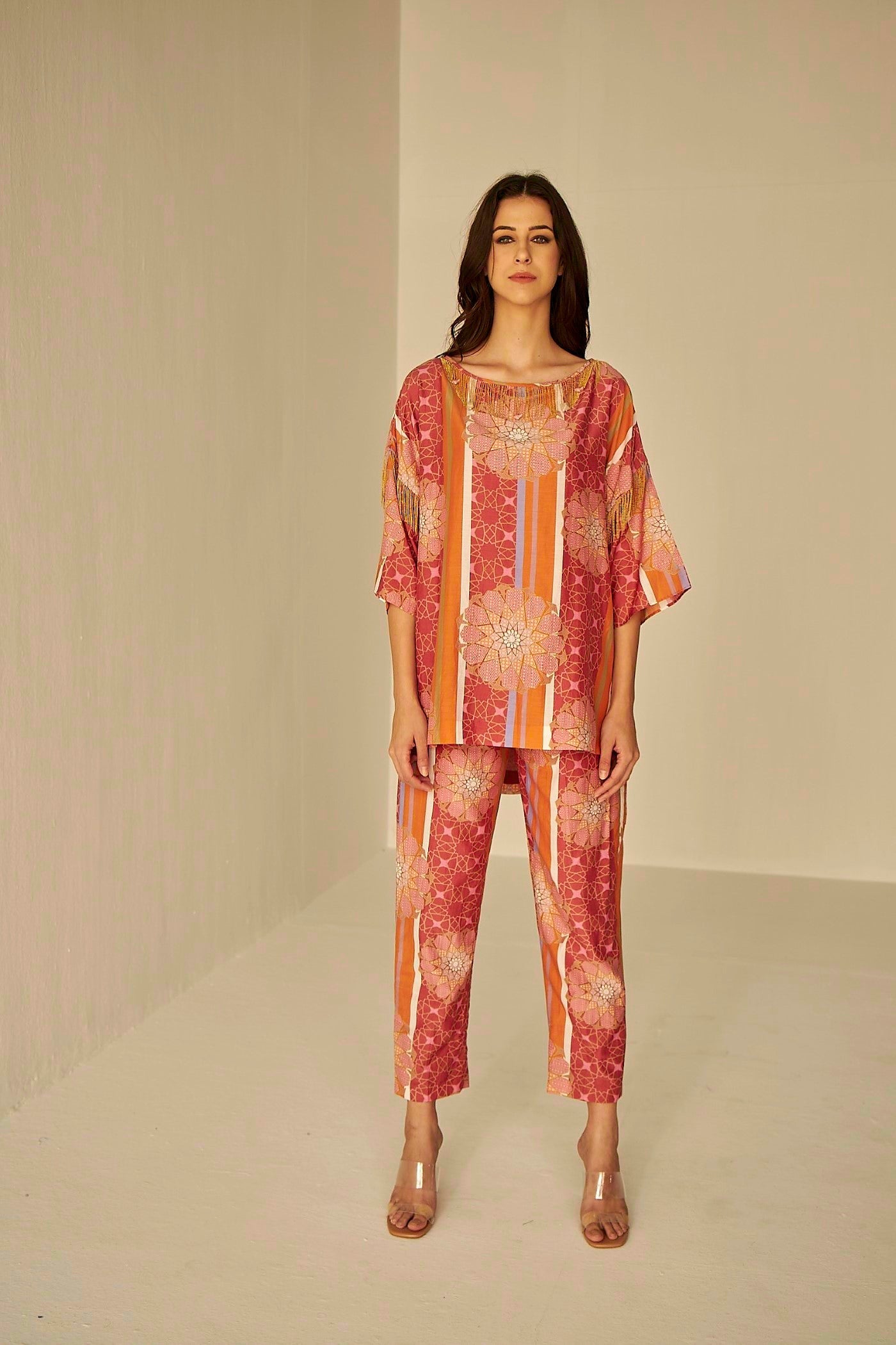 Rust- Boat Neck Bukhara Printed Top And Pants Set, BeTrue, Be True