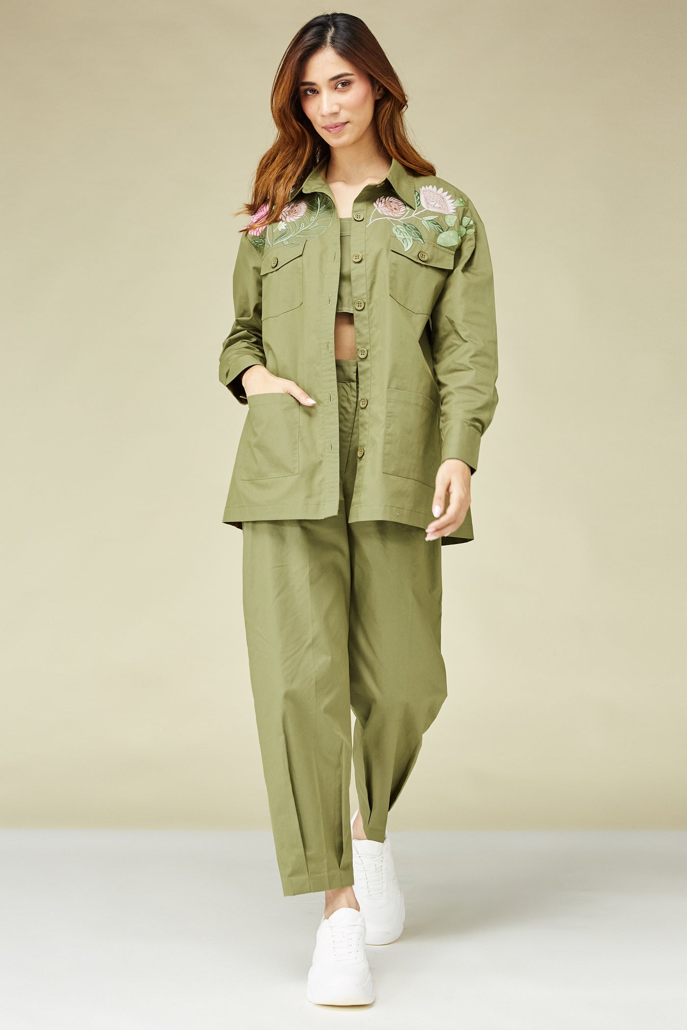 Women Clothing floral green oversized khaki shirt 