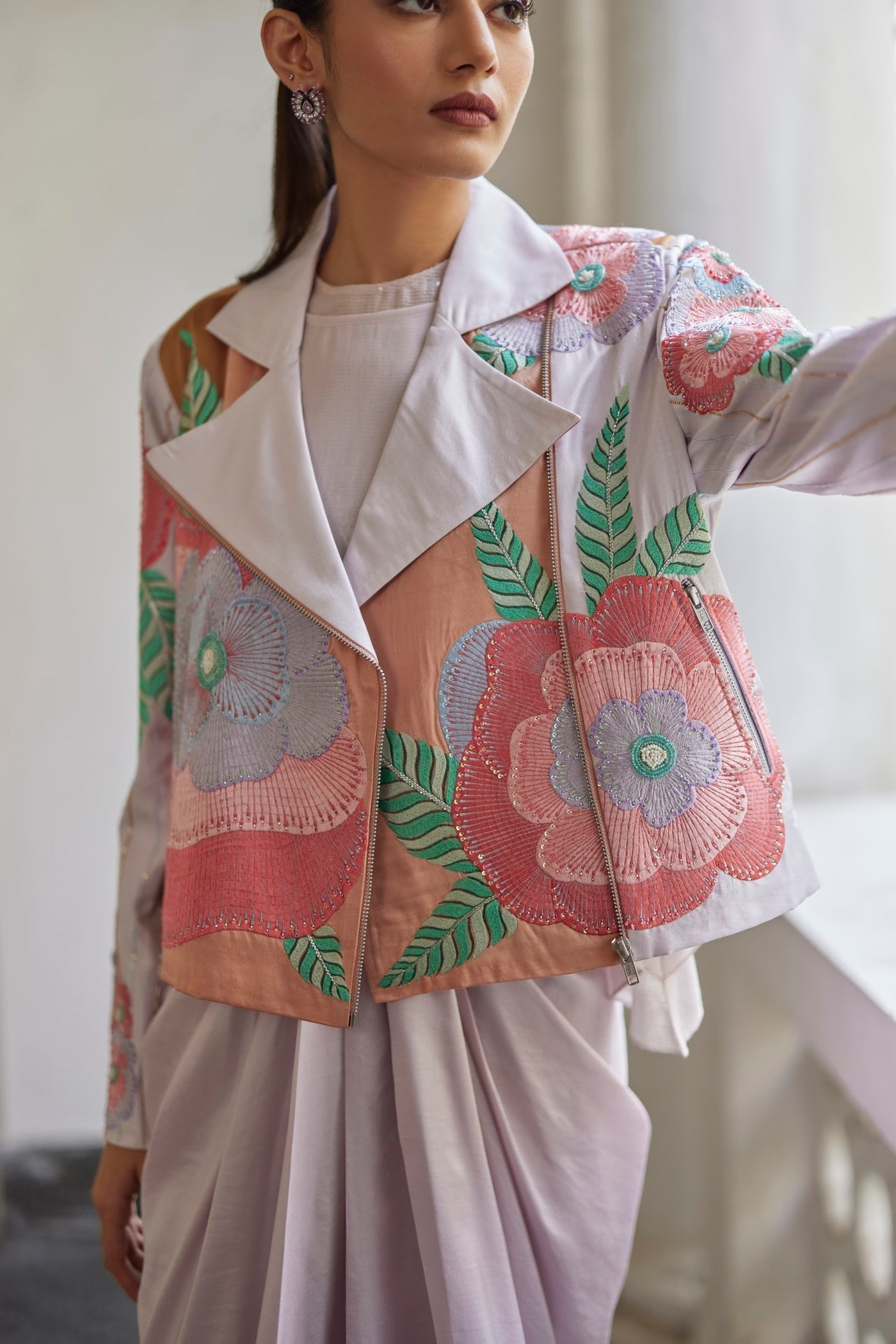Lilac Floral Biker Jacket And Drape Skirt And Sequins Top, Lilac Sequins Top, Lilac Floral Drape Skirt, Georgette sequins lilac blouse with two layers and asymmetric hem style, BeTrue, Be True