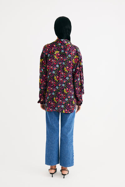 Black Parrot Print Silk Shirt