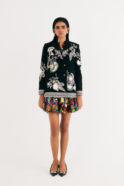 Black Embroidered Floral Wool Jacket