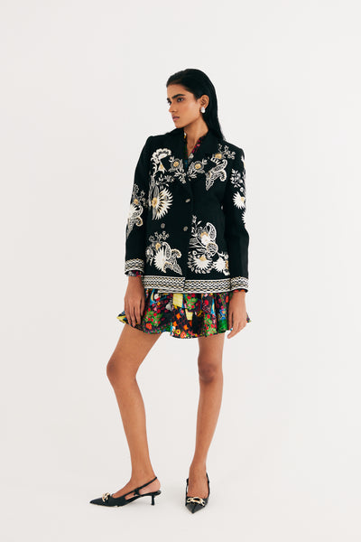 Black Embroidered Floral Wool Jacket