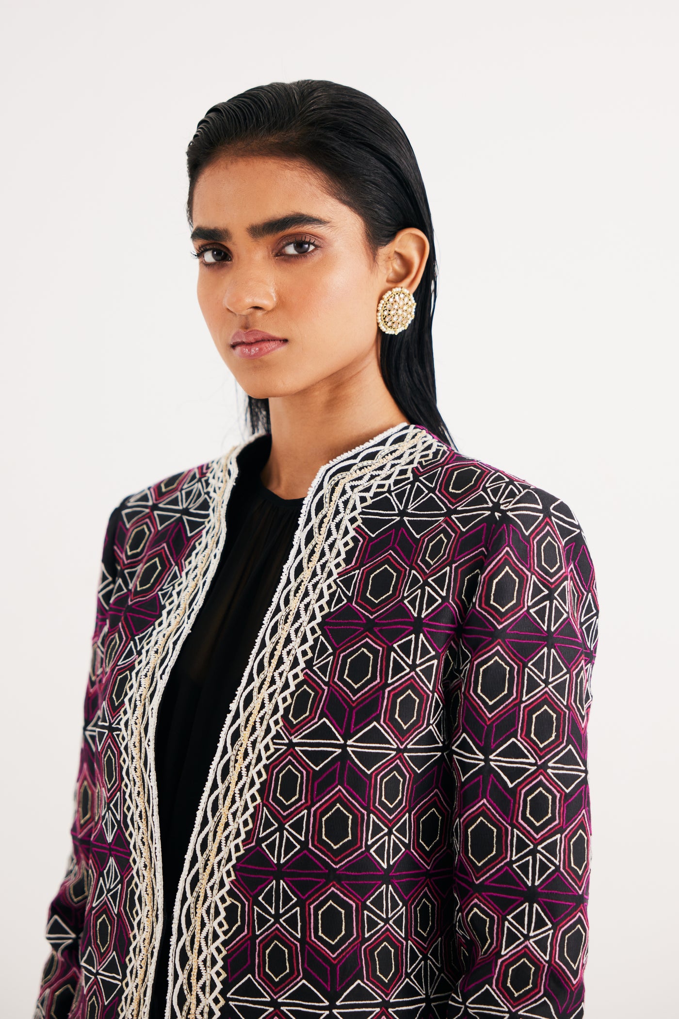 Black and Pink Mughal Jaal Jacket & Pant Set