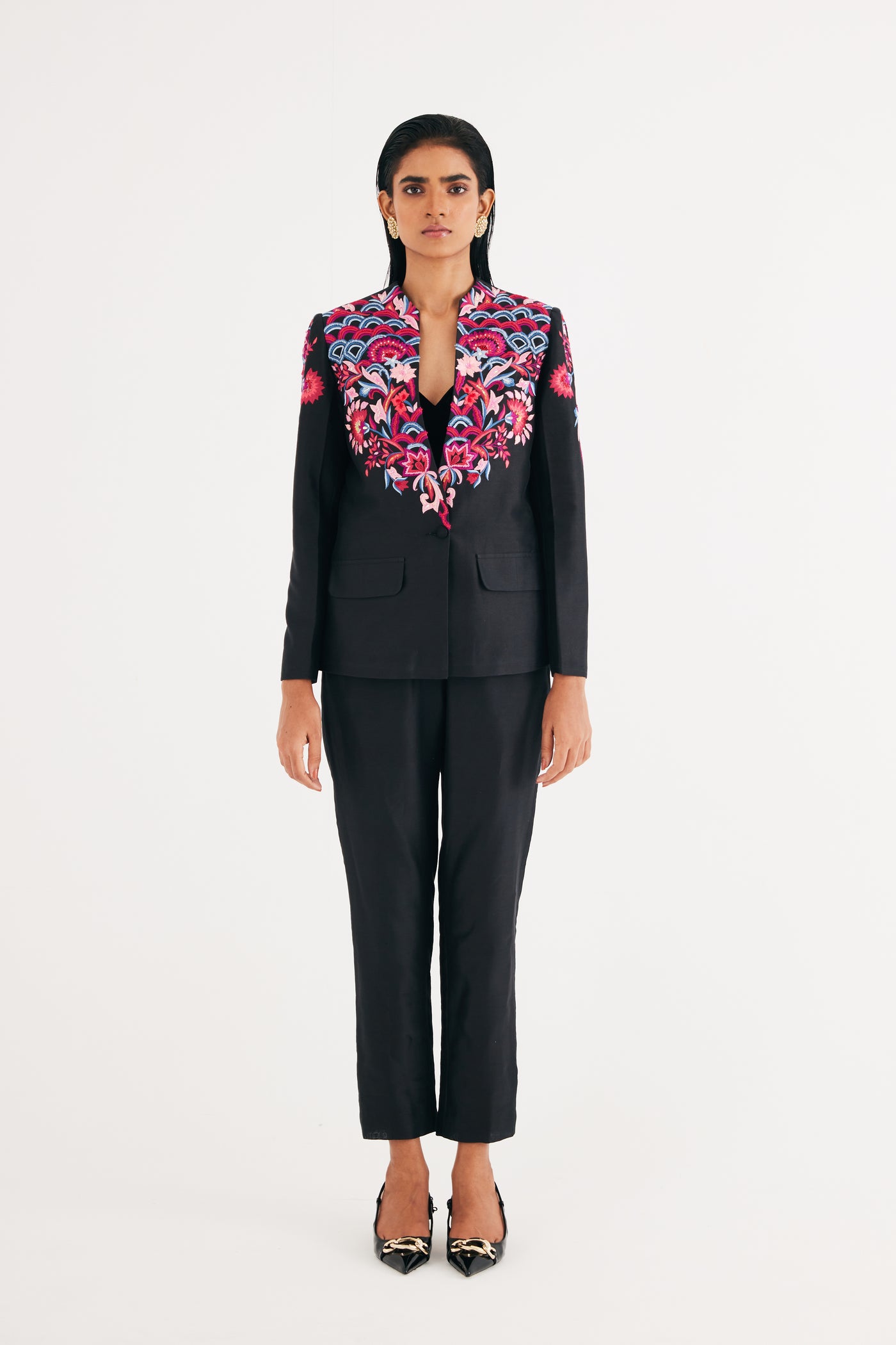 Black Silk Chanderi Floral Embroidered Jacket & Pant Set