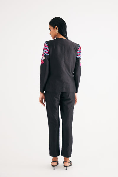 Black Silk Chanderi Floral Embroidered Jacket & Pant Set
