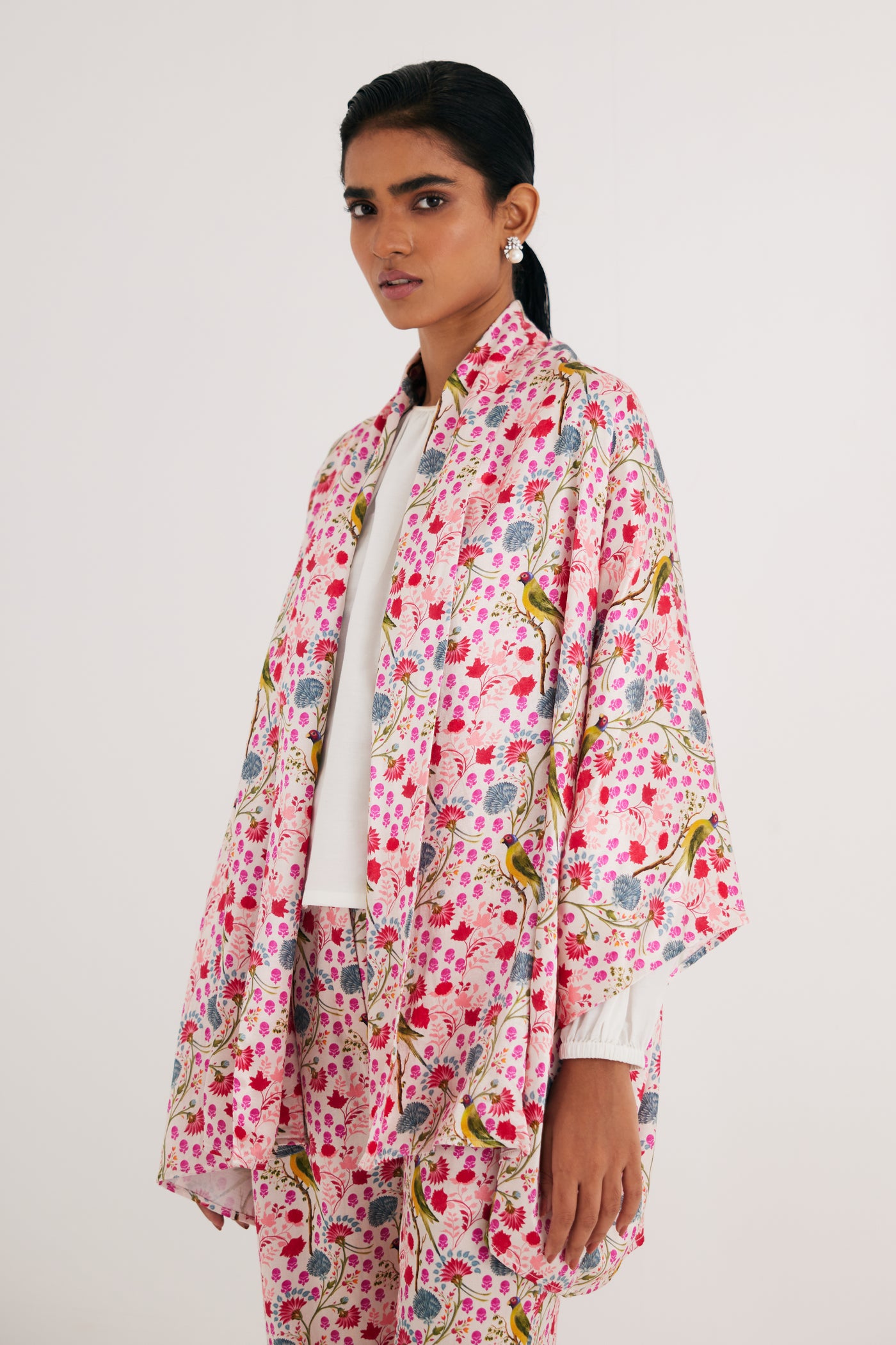 White Parrot Print Mashroo Satin Cape & Pant Set