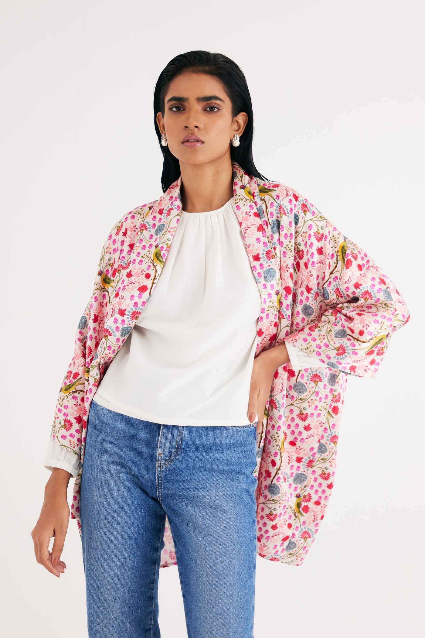 White Parrot Print Mashroo Satin Cape & Pant Set