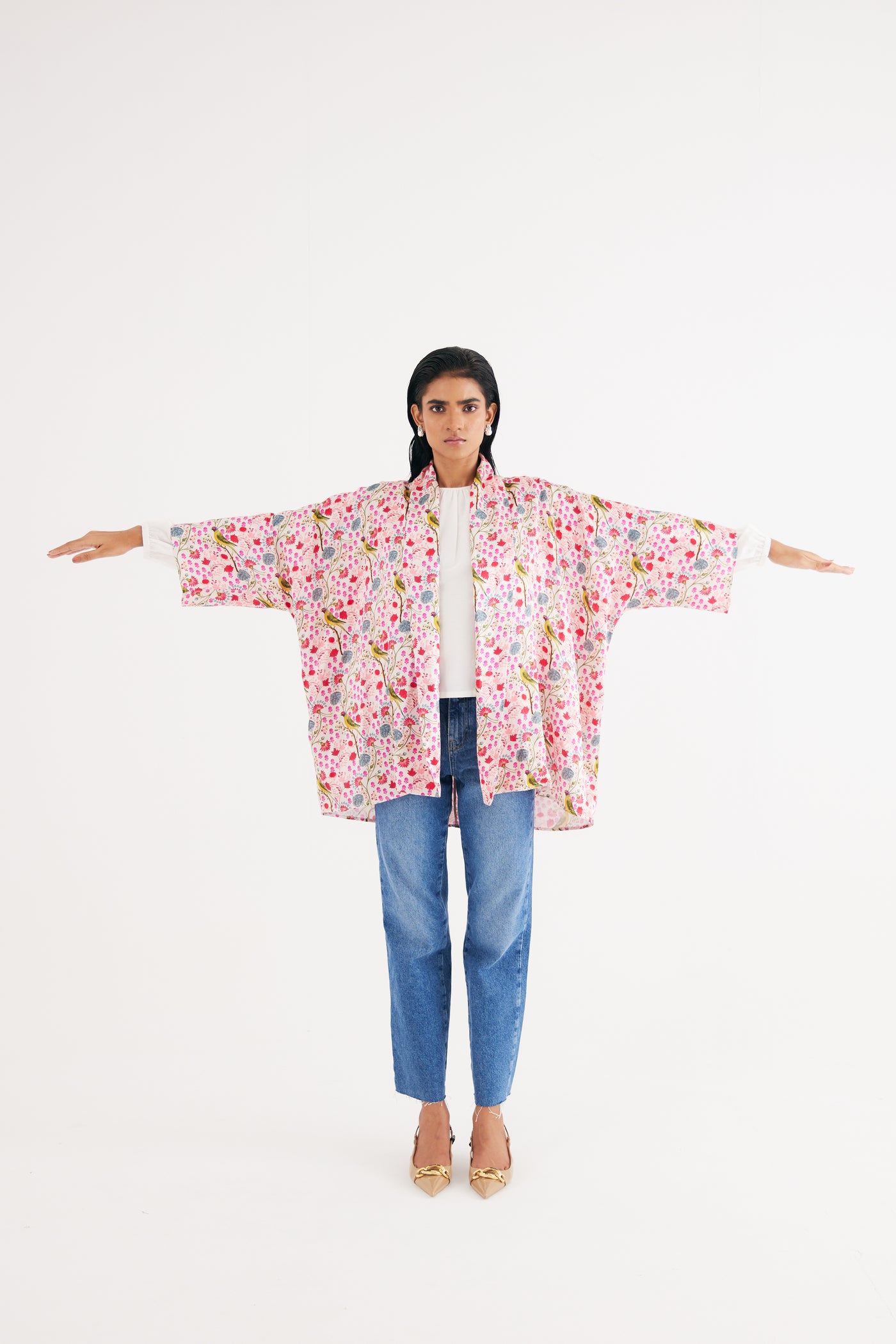 White Parrot Print Mashroo Satin Cape & Pant Set