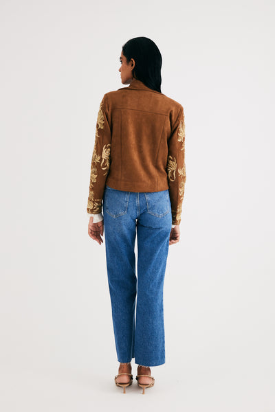 Brown Suede Embroidered Biker Jacket