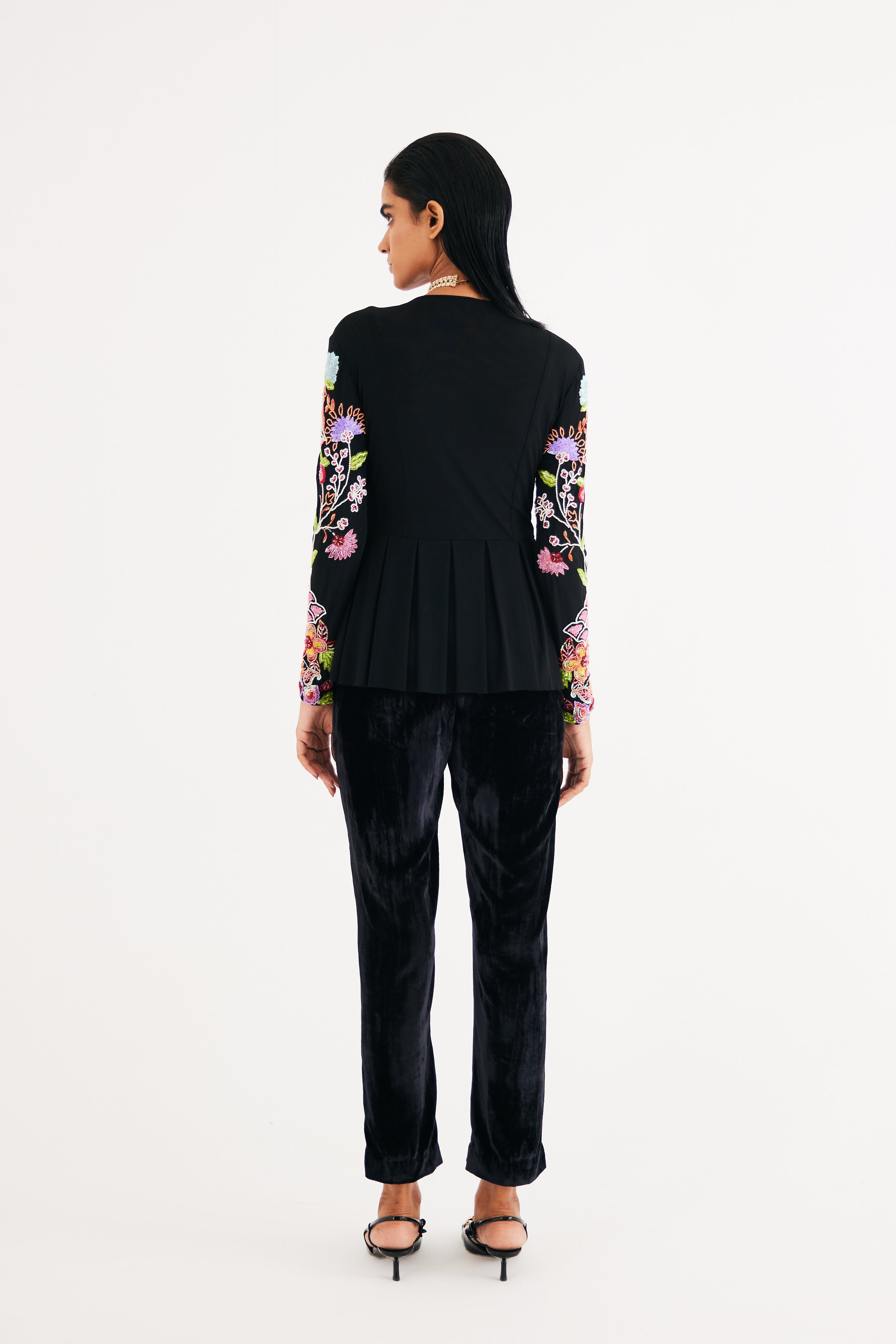 Black Hand Embroidered Floral Net Top