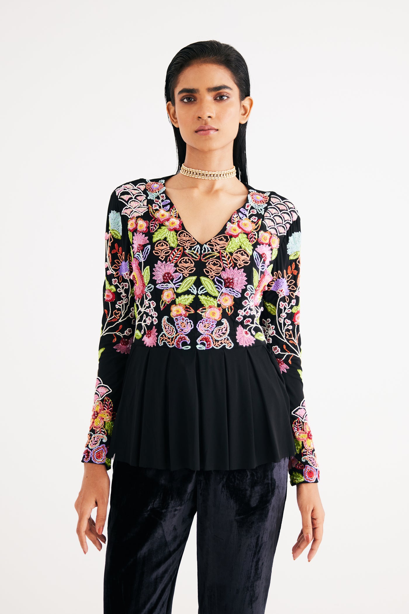 Black Hand Embroidered Floral Net Top