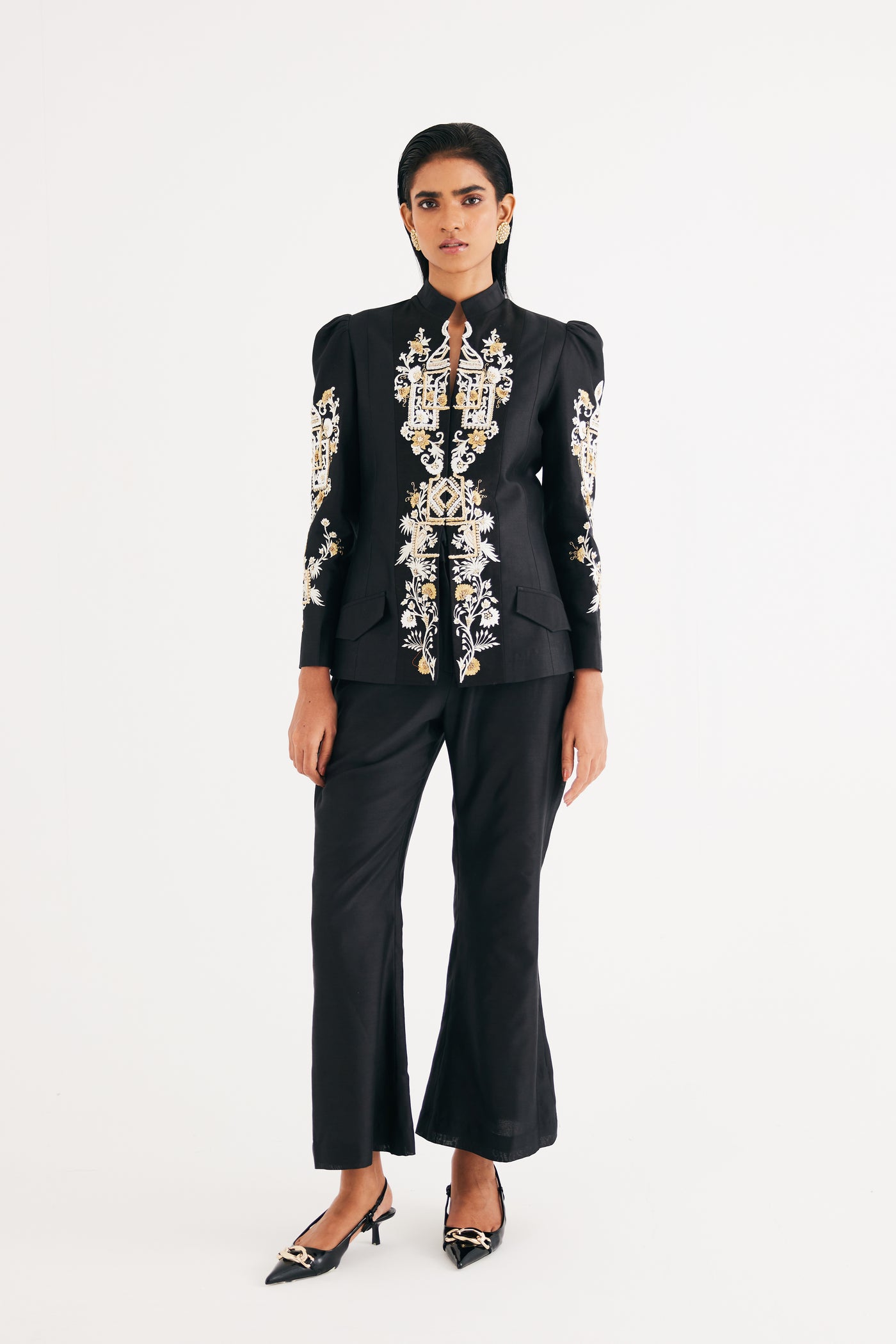 Black Silk Chanderi Embroidered Temple Jacket and Flared Pant Set