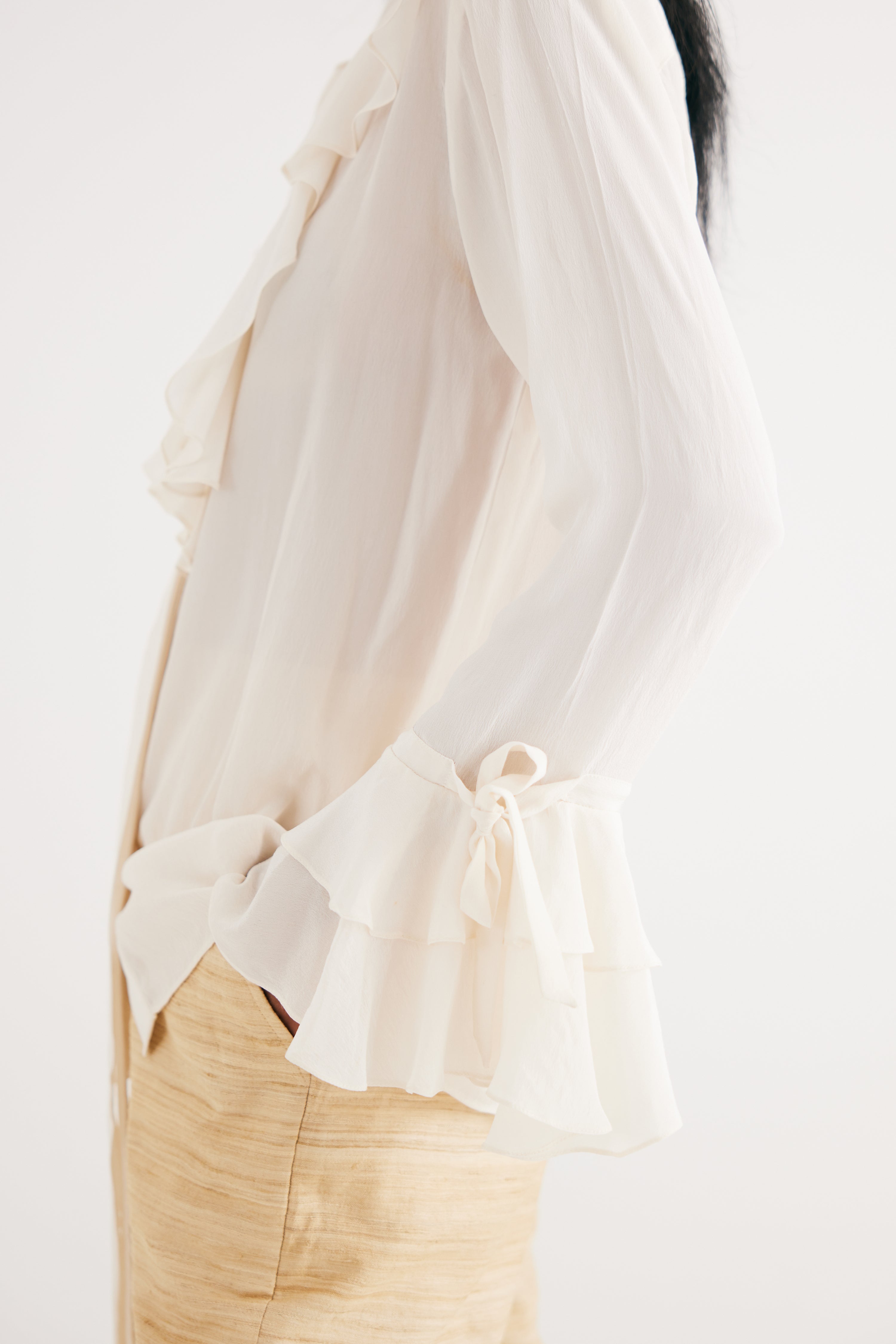 Cream Satin Silk Ruffle Shirt