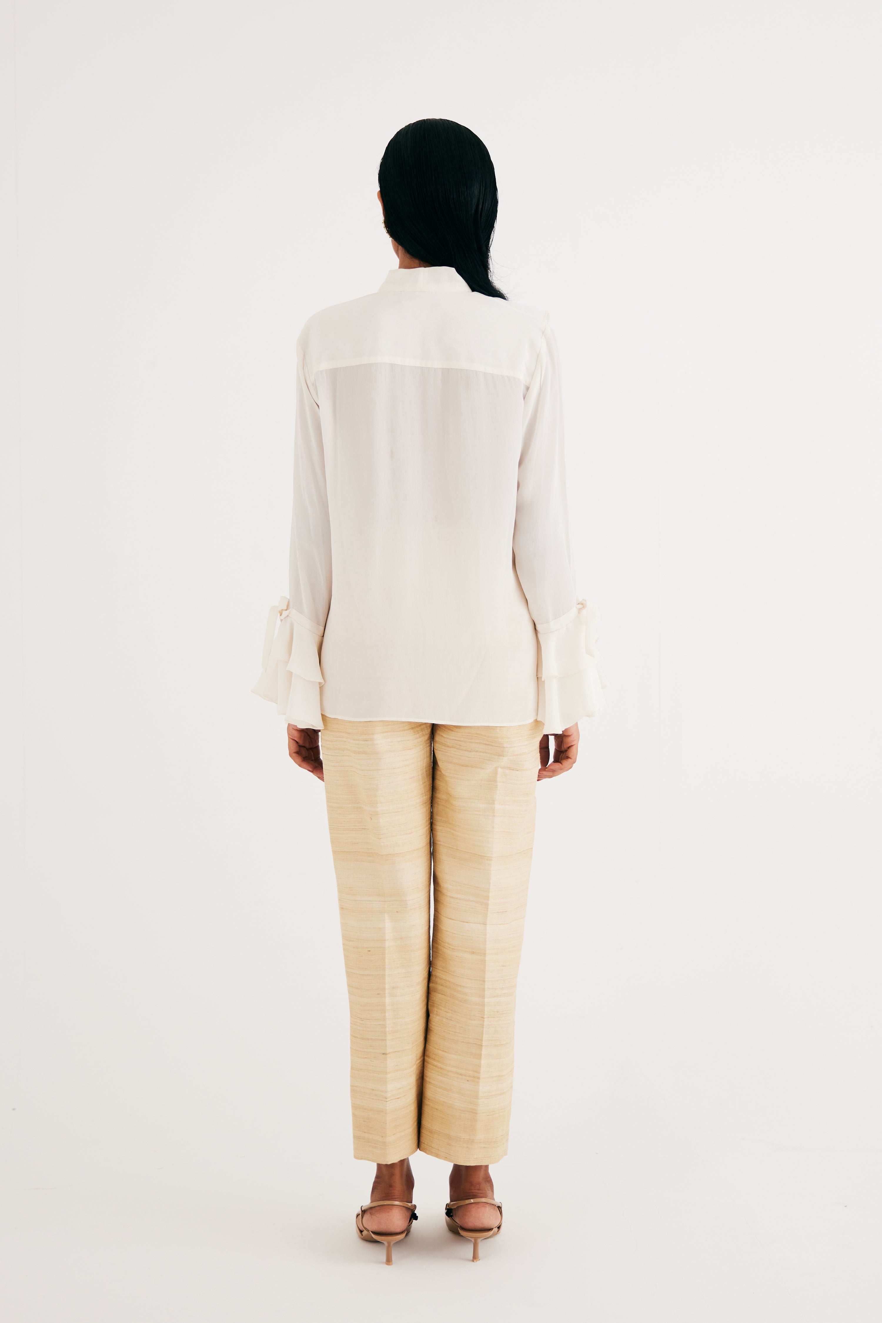 Cream Satin Silk Ruffle Shirt