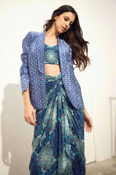 Tashkent Print Knotted Skirt And Bustier Set, Shawl Collar Blue Jacket Shibori, BeTrue, Be True