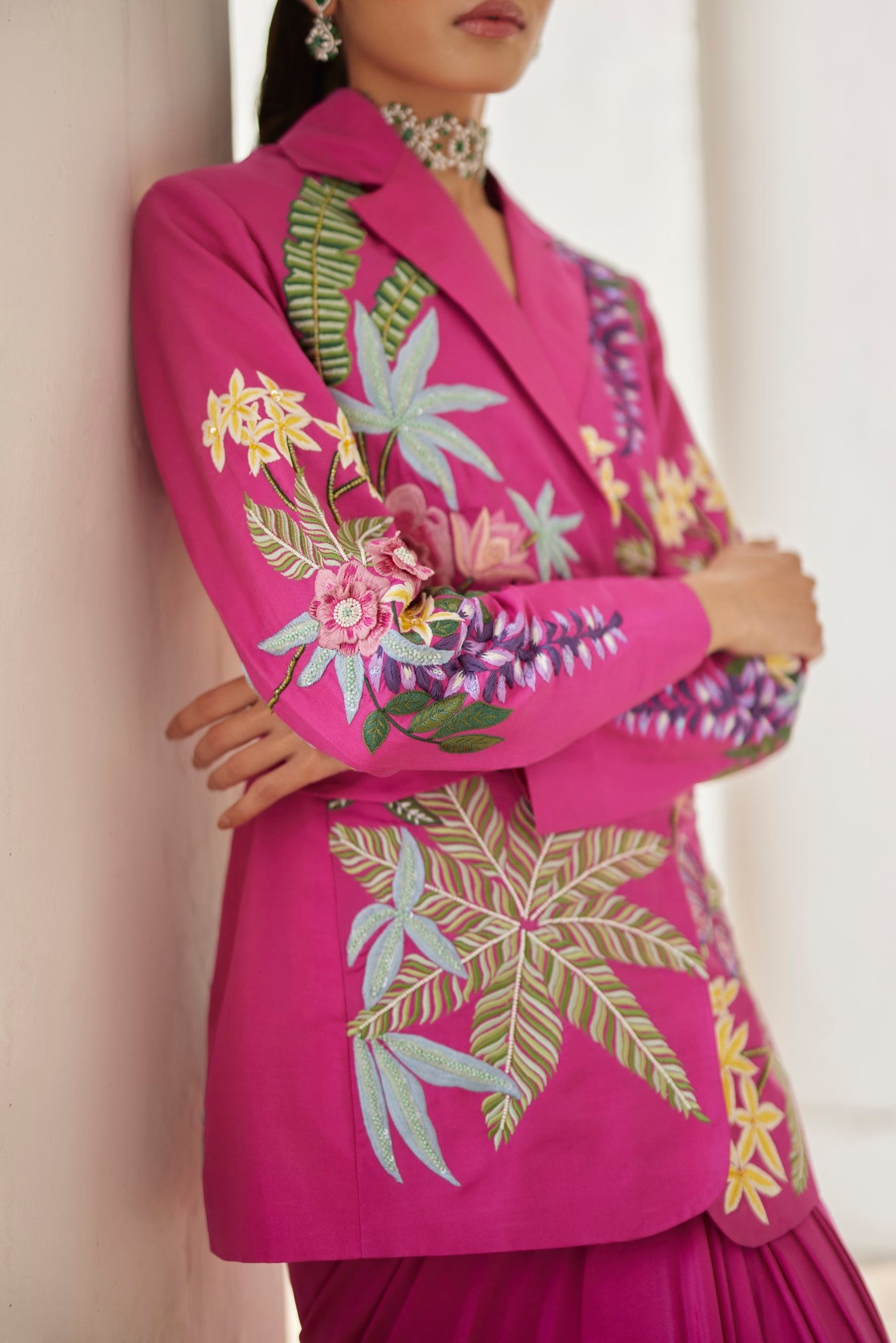 Women Clothing Rani Tropical Dream Embroidered Silk Jacket and Drape Skirt