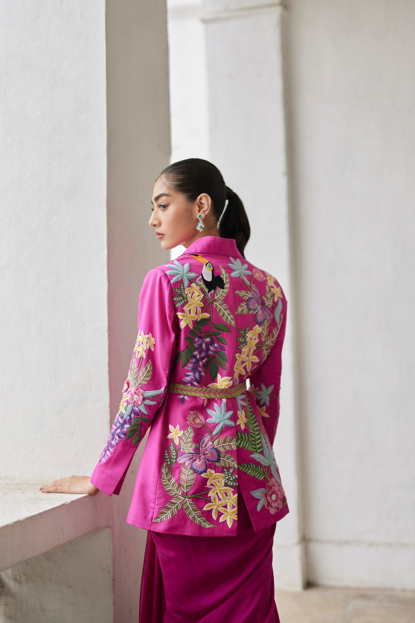 Women Clothing Rani Tropical Dream Embroidered Silk Jacket and Drape Skirt