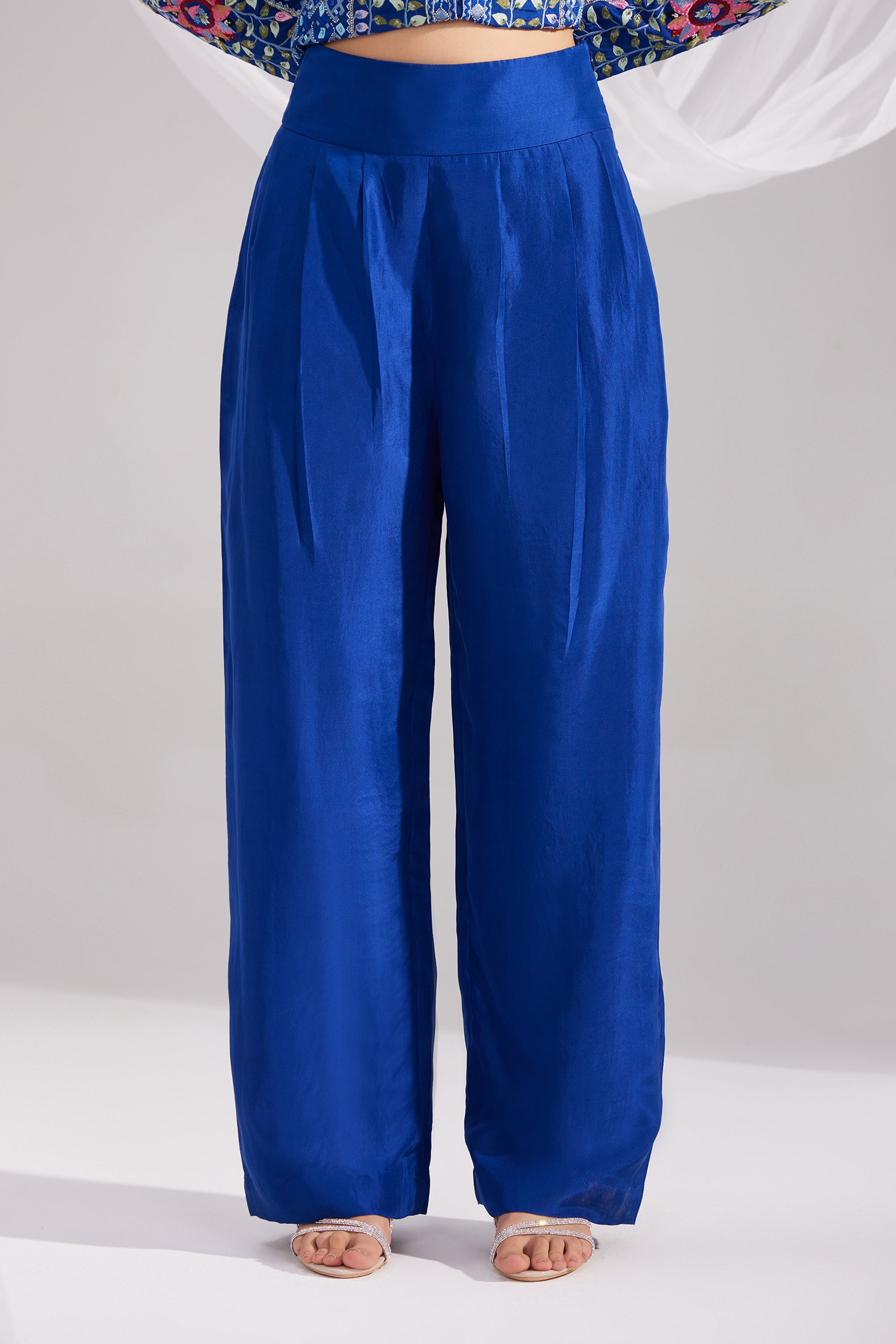 Royal Blue Pleated Straight Silk Pant