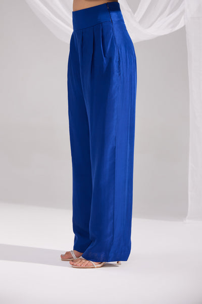 Royal Blue Pleated Straight Silk Pant