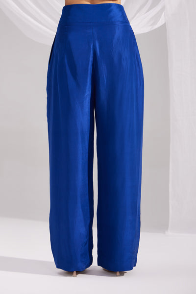 Royal Blue Pleated Straight Silk Pant