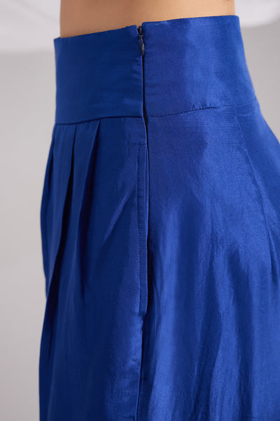 Royal Blue Pleated Straight Silk Pant