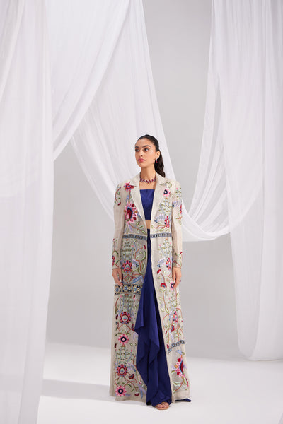 Silver Organza Embroidered Jacket & Midnight Blue Silk Skirt Set