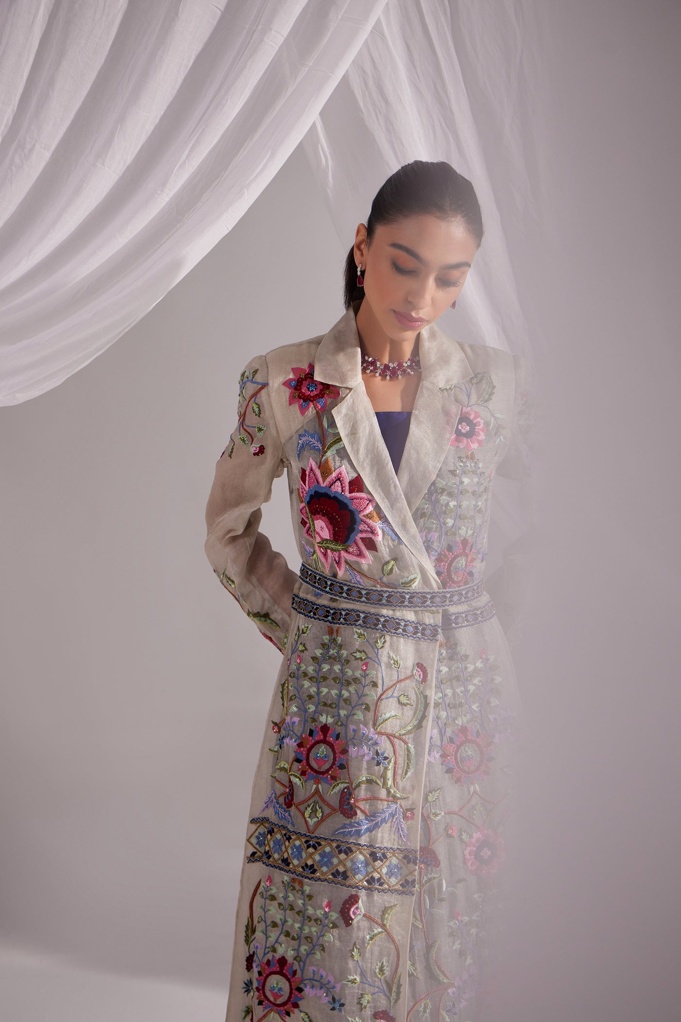 Silver Organza Treasure Embroidered Jacket